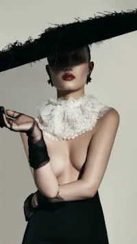a woman in a black dress with a large hat
